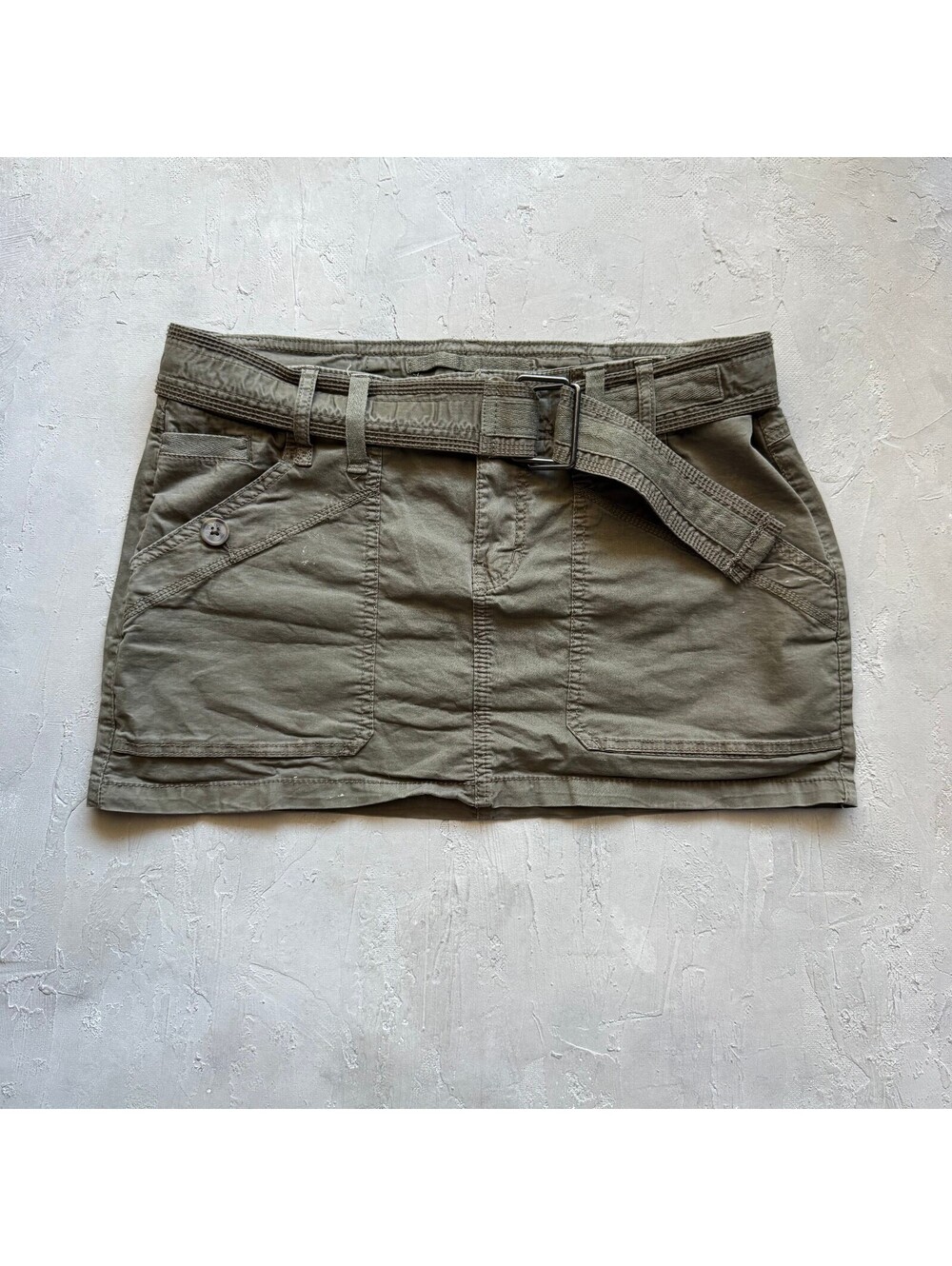 Vintage Y2K Garage Olive Green Grunge Utility Low Rise Belted Mini Skirt Size M